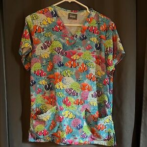Multicolor Fish Print Scrub Top